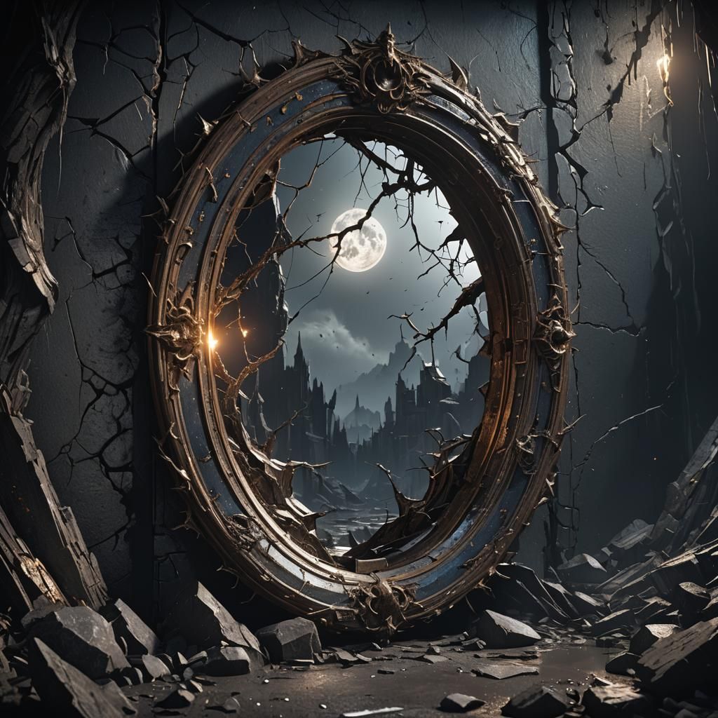 Cursed Mirror Shard in Moonlit Dark: Detailed Matte Painting