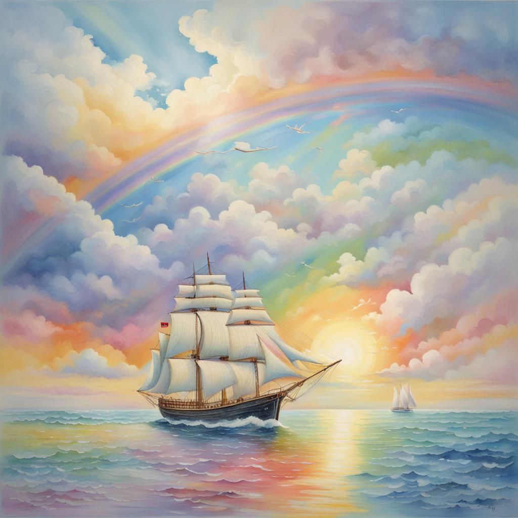 Pastel Ships Sail Towards a Rainbow