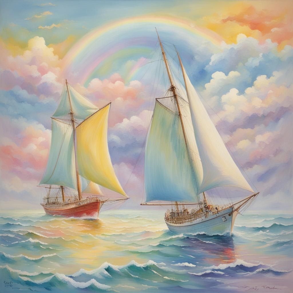 Pastel Ship Sails Toward a Rainbow