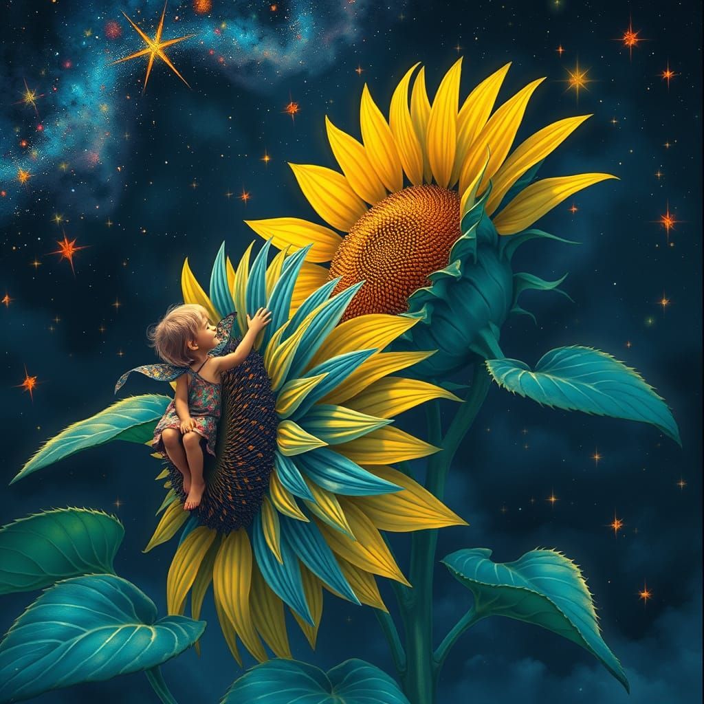 Girl Climbs Giant Blue Sunflower in Starry Sky