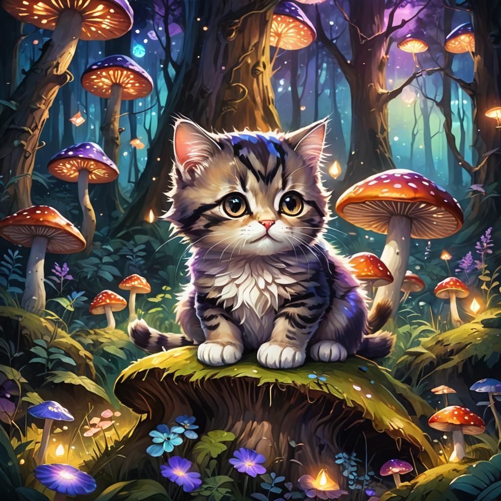 Cute Kitty on Mushroom in Anime Oil Painting