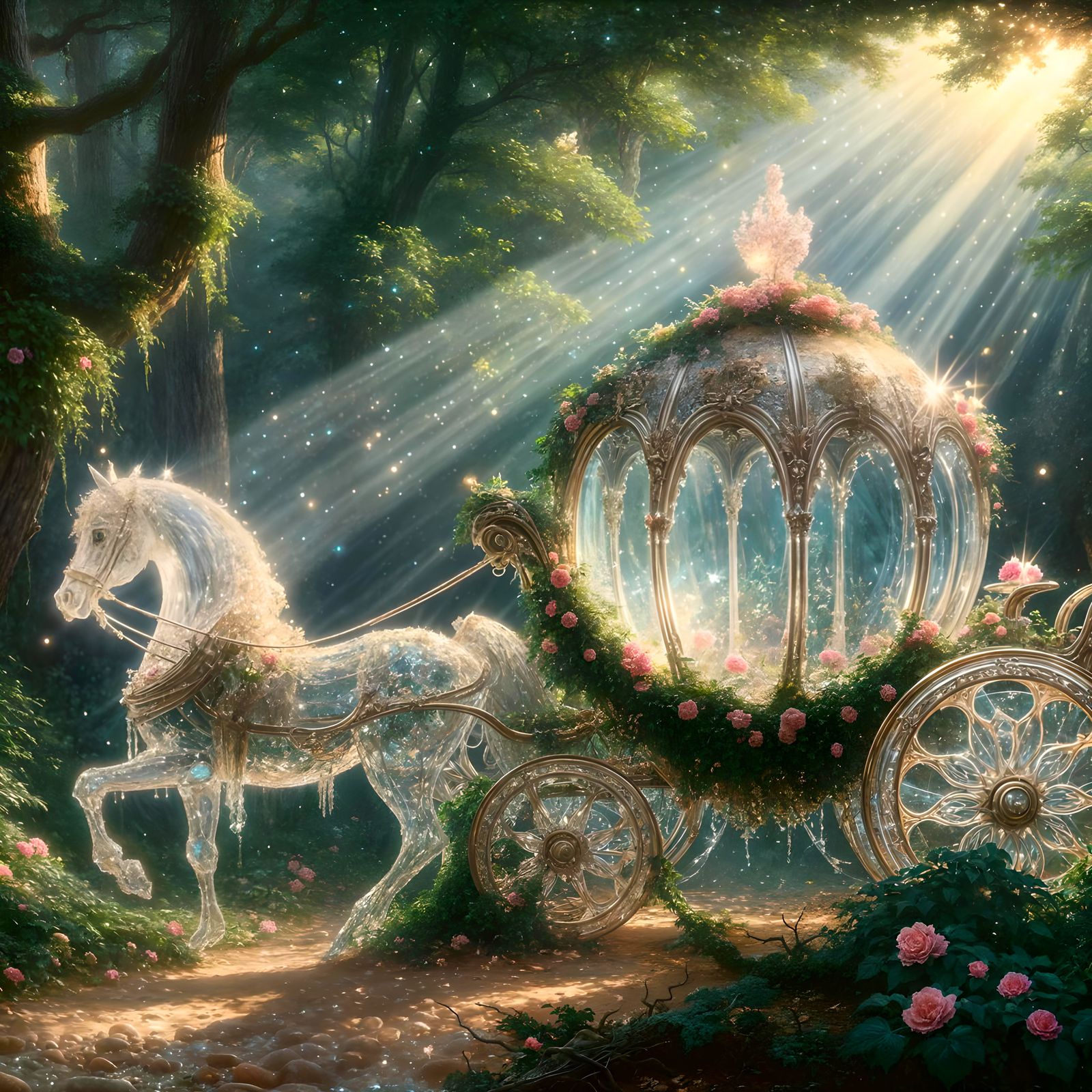 Ornate Glass Carriage in Enchanted Forest Oil Painting