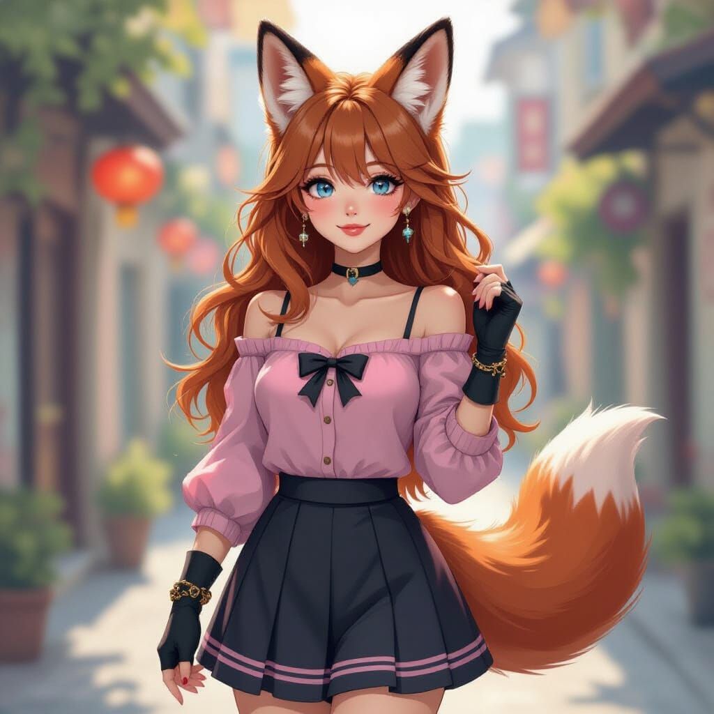 Fox Girl in Jirai Kei Outfit, Digital Watercolor Art