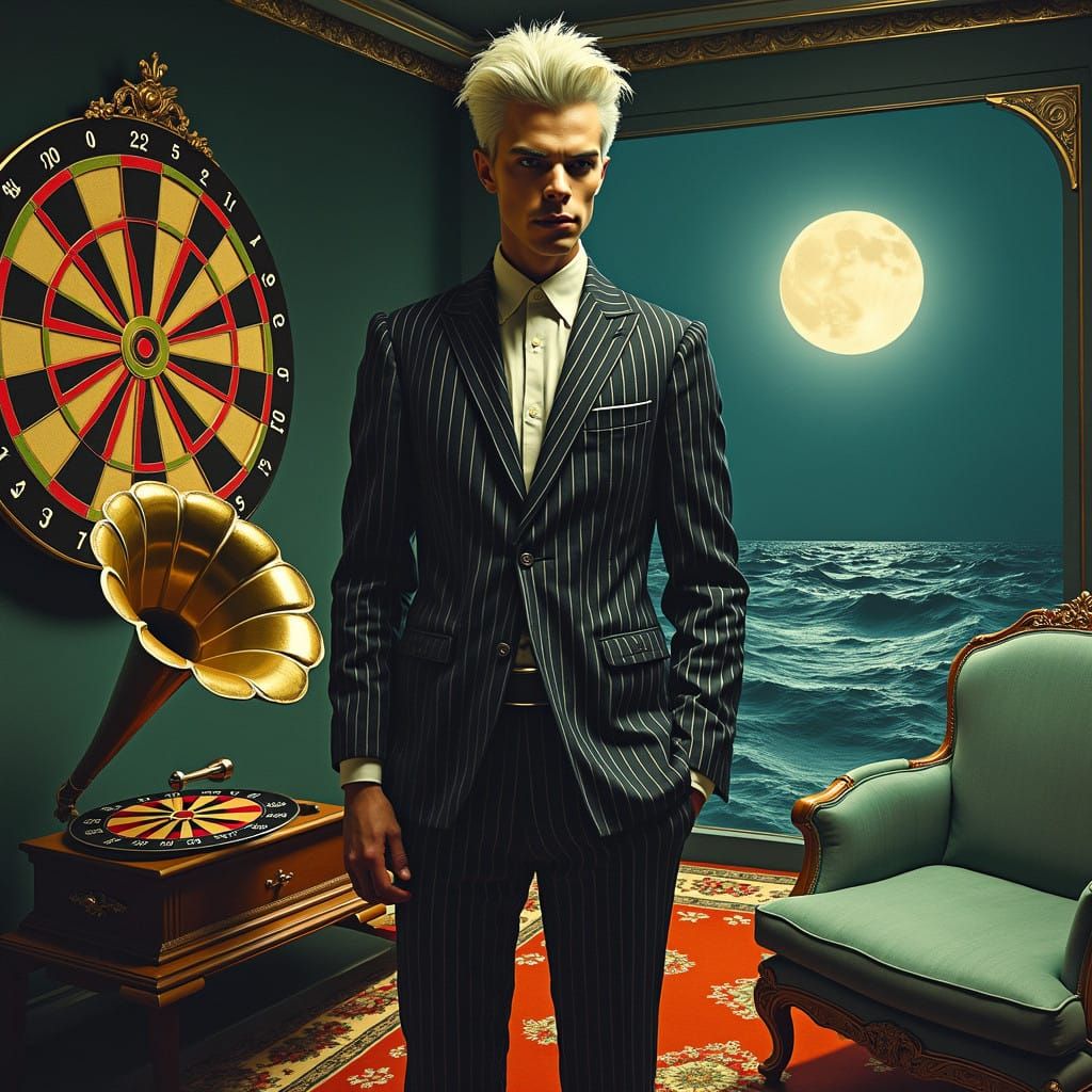Surreal Figure in Art Deco Room Throws Darts at Moonlit Ocea...