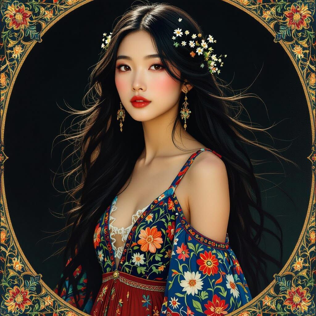 Ethereal Asian Bohemian Woman in Jewel Tones