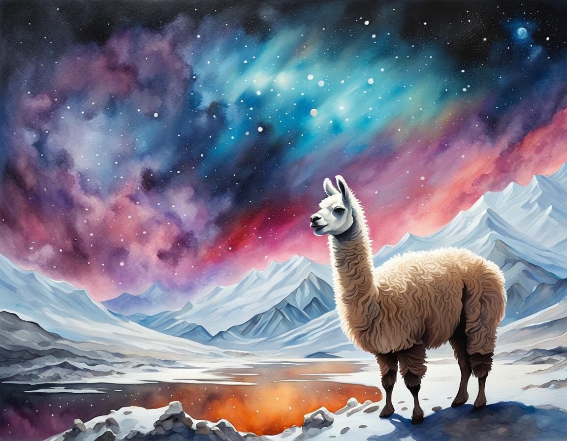 Cosmic Llama in Peruvian Lowlands Watercolor