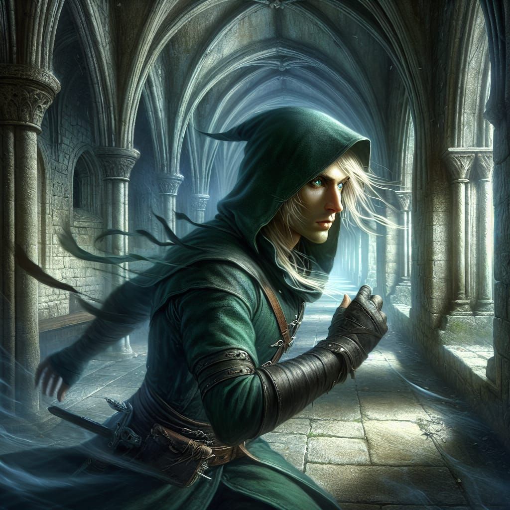 Stealthy Elf Rogue in Ancient Monastery