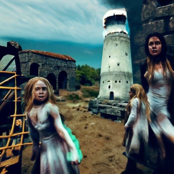 Ghastly, vicious ghouls around an old abandoned lighthouse, a ghostly light burning in the tower. filmic volumetric ligh...