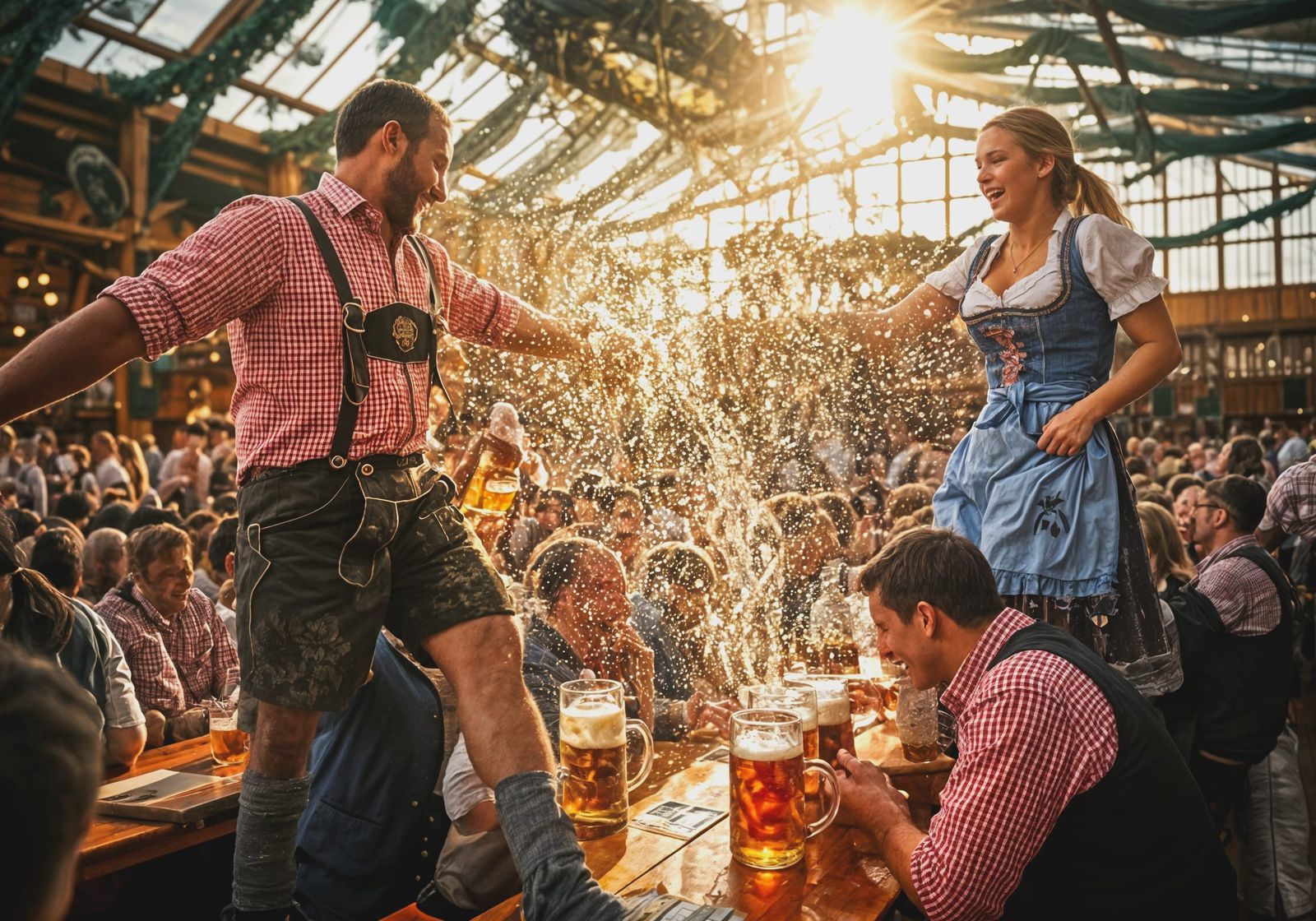 Oktoberfest Beer Hall Celebration with Dancing and Smiles