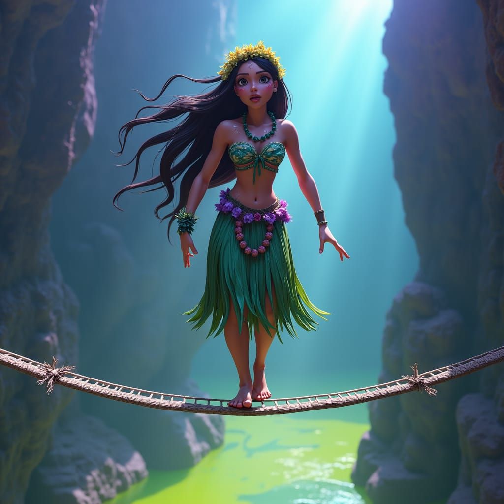 Hula Girl on Tightrope in Pixar-Inspired 3D Art