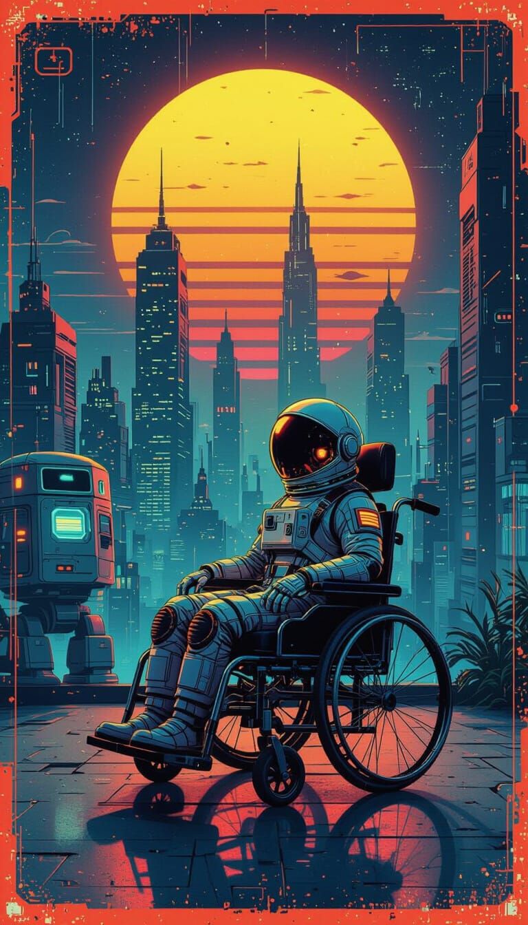 Retro-Futuristic Astronaut in Cyberpunk Setting