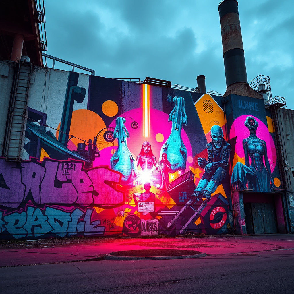 Neon Mural on Factory Wall in Sci-Fi Style