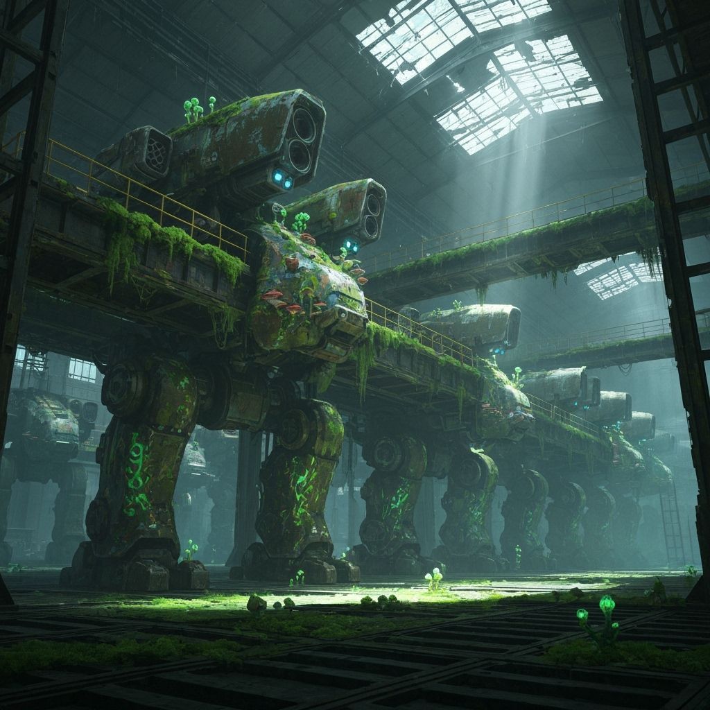 Derelict Dieselpunk Hangar with Silent Mechs