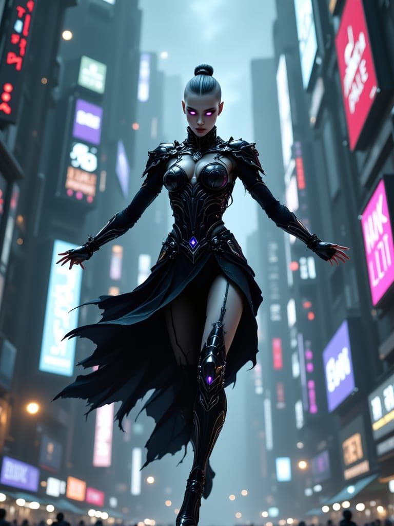Oriental Warrior Descends in Cyberpunk City