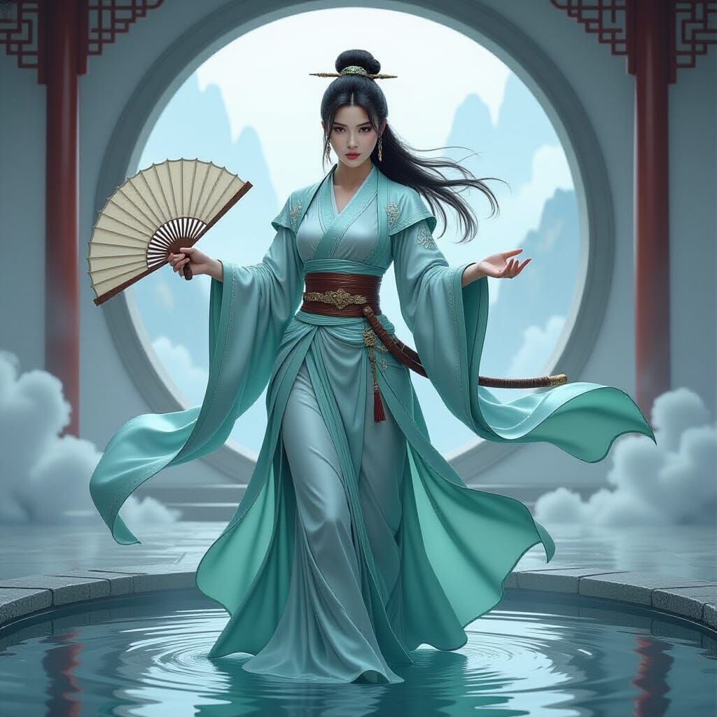 Asian Warrior in Flowing Robes with Fan and Sword