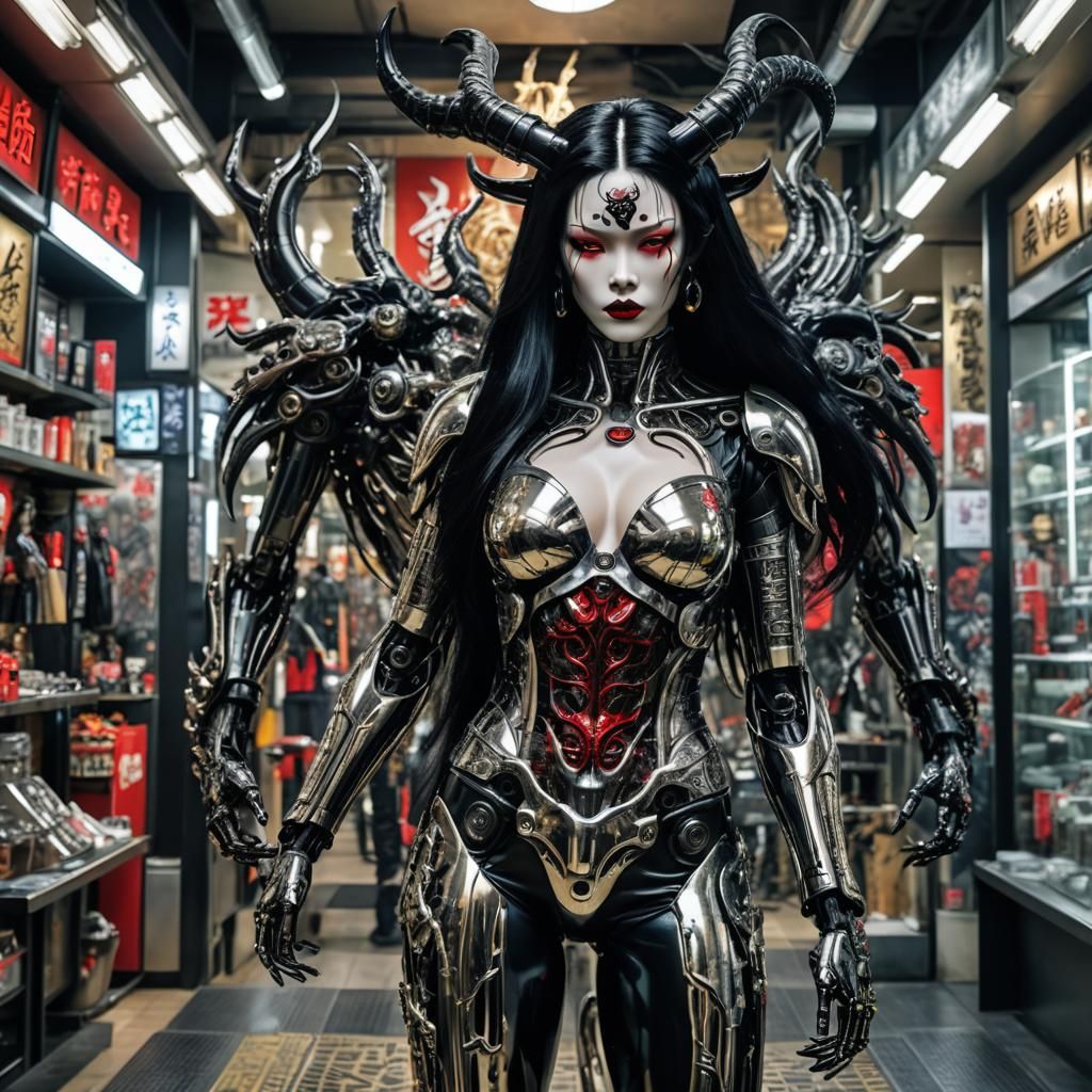 Japanese Cyborg Woman with Yakuza Tattoo in HDR