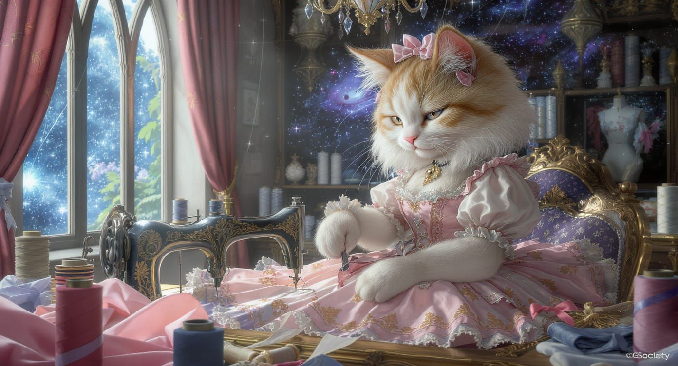 Cat Seamstress Creates Victorian Dress: Detailed Digital Art