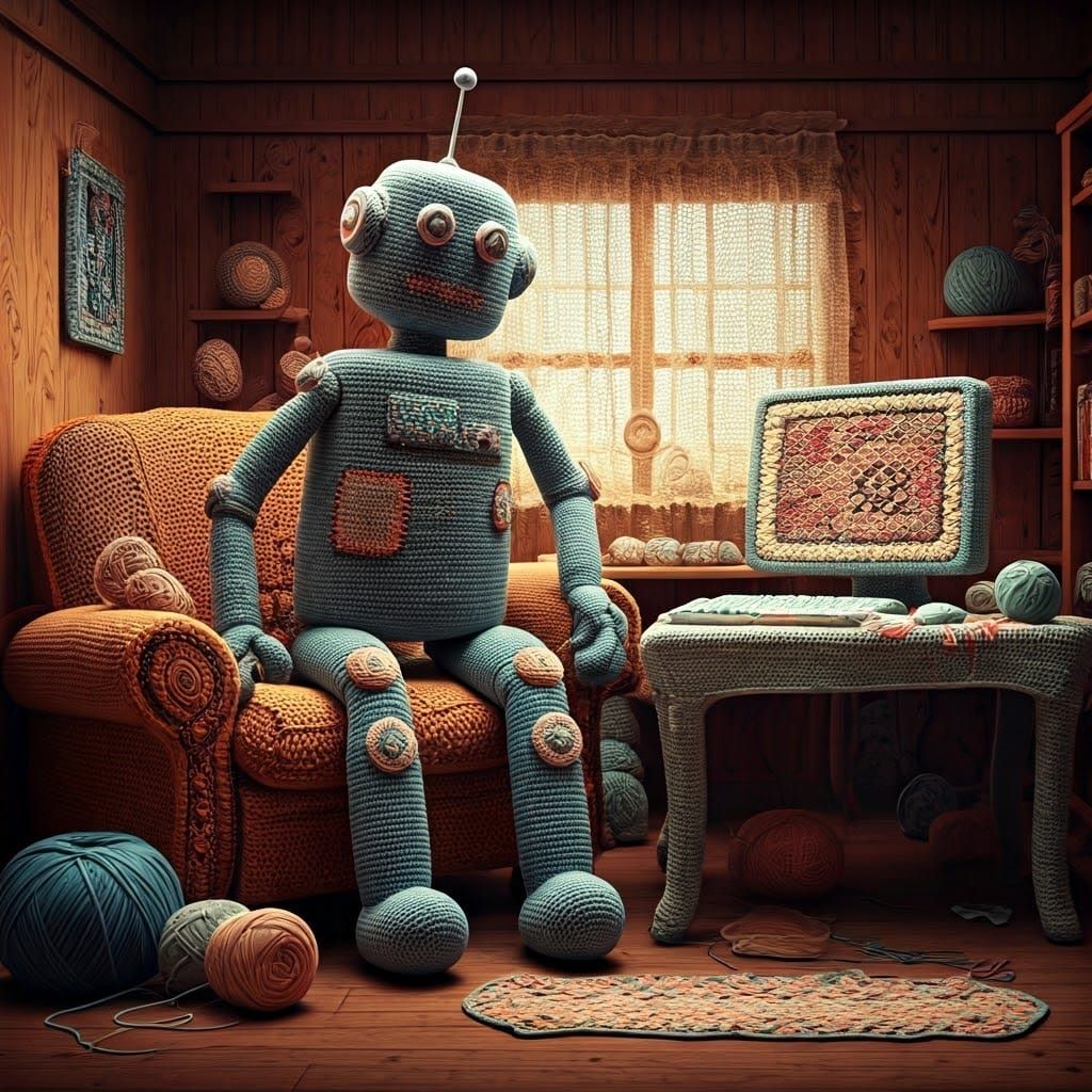Realistic Crocheted Robot in Cozy Yarn Room