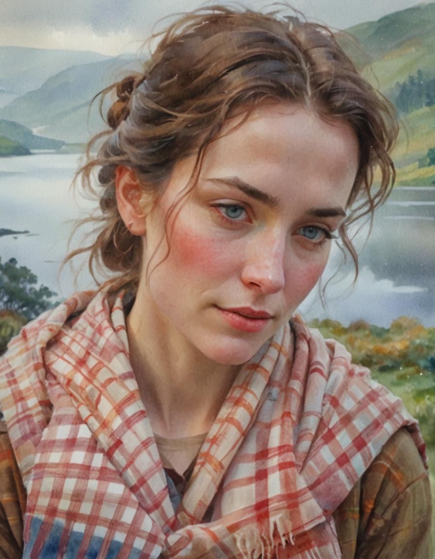 Scottish Loch Couple in Impressionist Watercolor Style