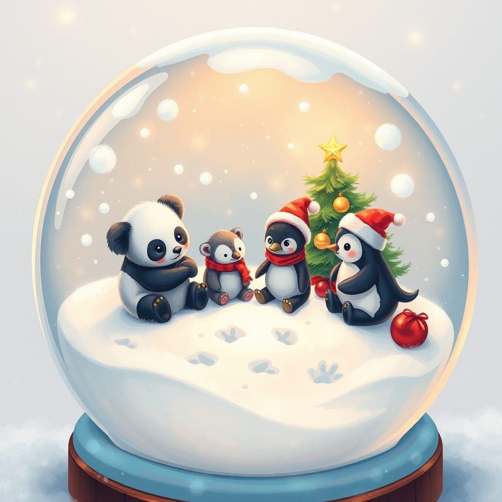Vibrant Christmas Scene with Cute Baby Zoo Animals in a Snow...