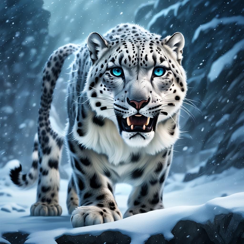 Ferocious Snow Leopard in Blizzard: Digital Matte Painting