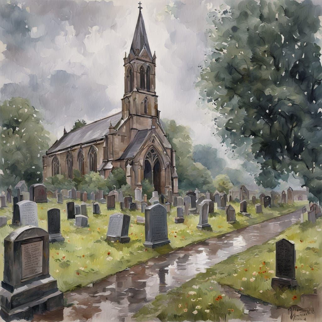 A rainy English churchyard focussing on one Victorian memori...