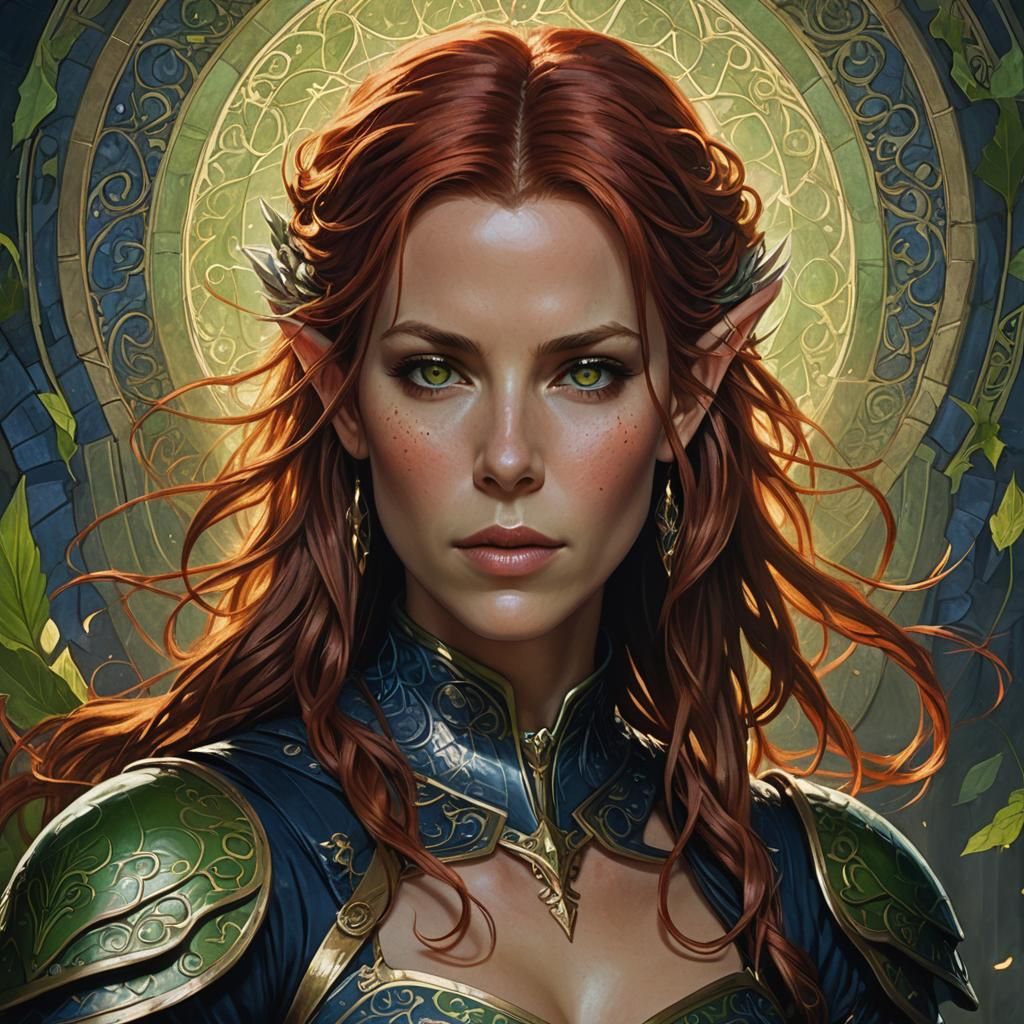 Elven Warrior Portrait in Art Nouveau Style