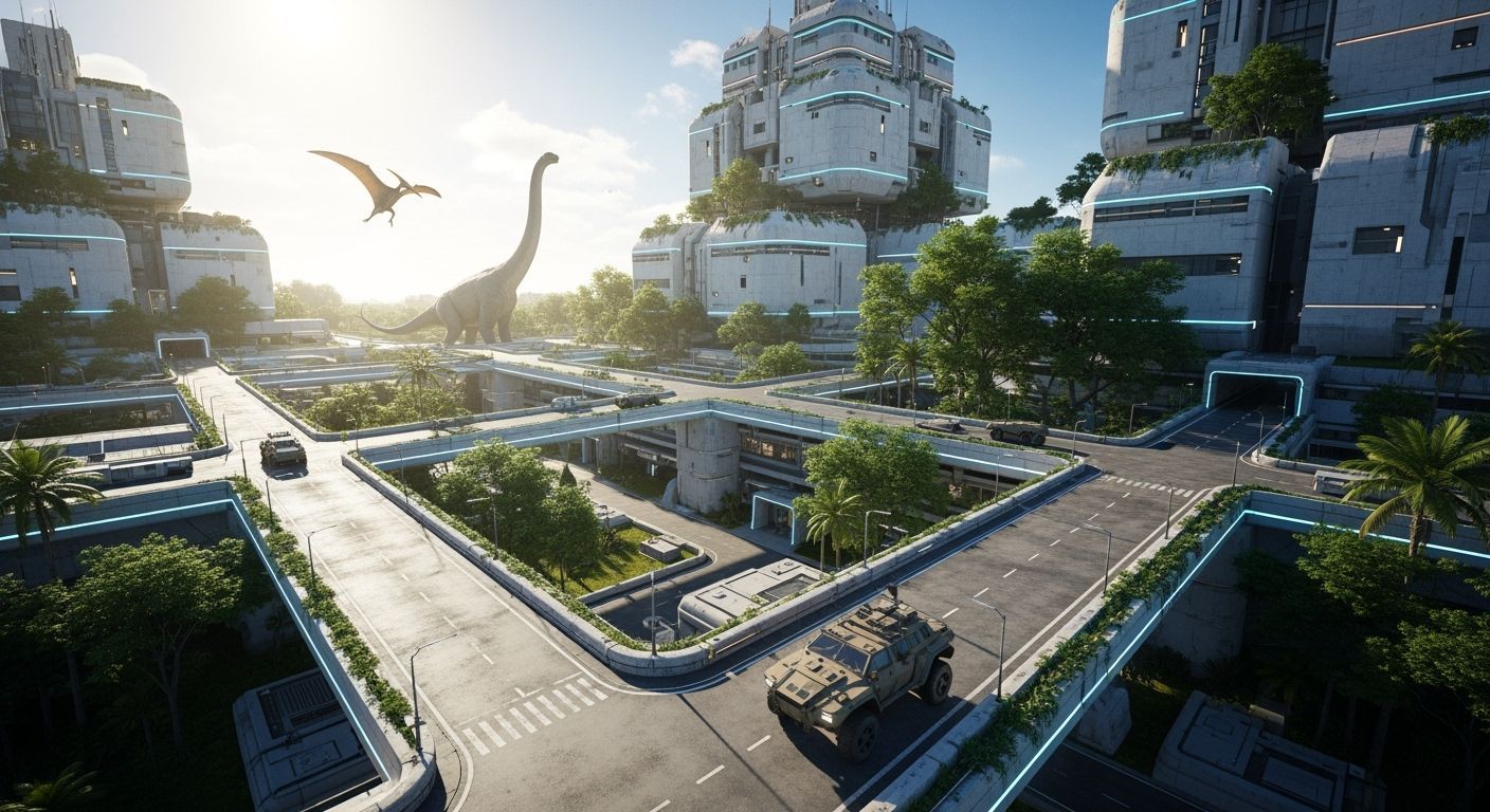 Futuristic Multi-Level City with Dinosaurs and Neon Lights