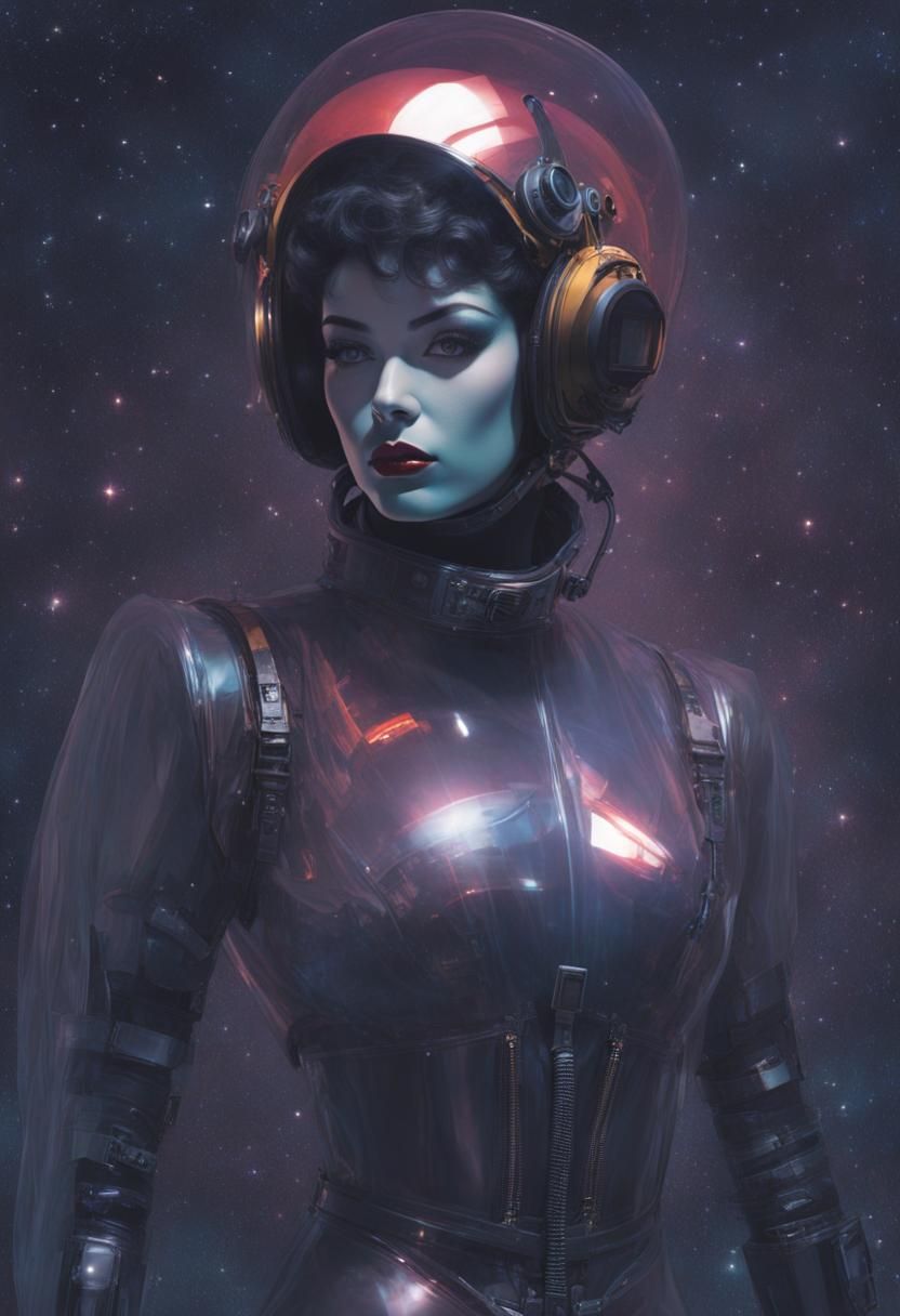 Retrofuturistic Pinup in Transparent Spacesuit