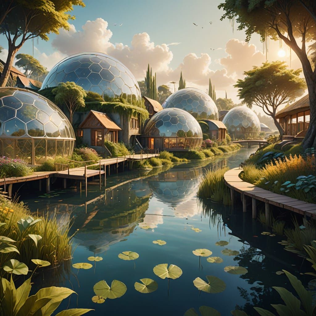 Ethereal Eco-Village Paradise in Impressionist Futurism Styl...