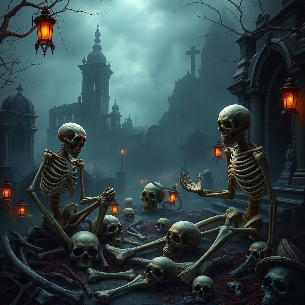 Dark Fantasy Scene with Skeletons and Skulls in a Haunting G...