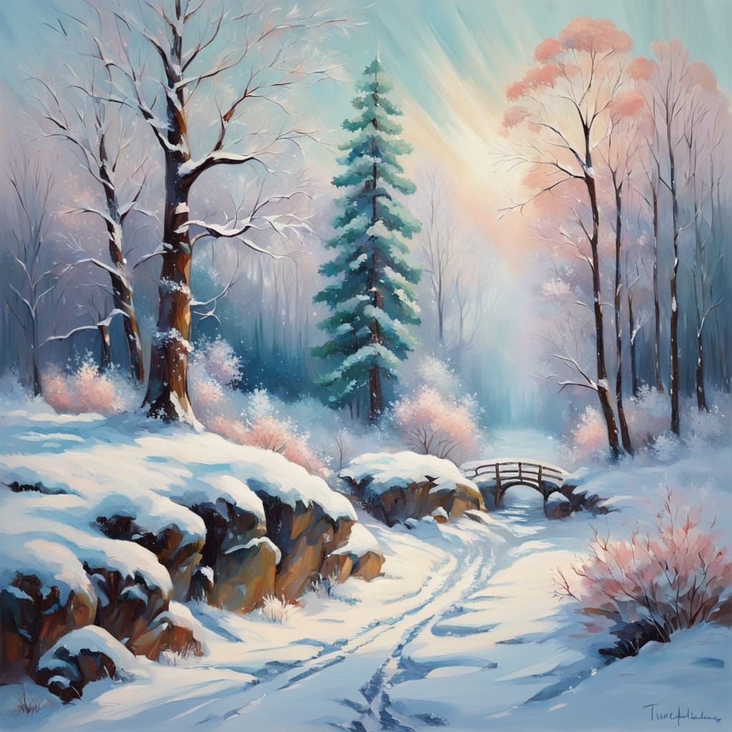 Whimsical Winter Wonderland in Soft Focus Oil Painting
