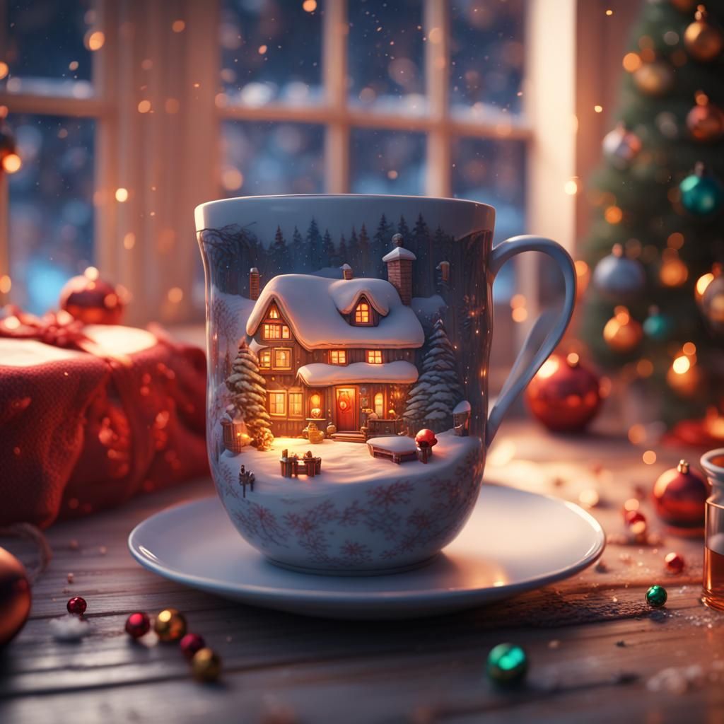 Vivid Christmas Cup in Winter Wonderland, 3D Art