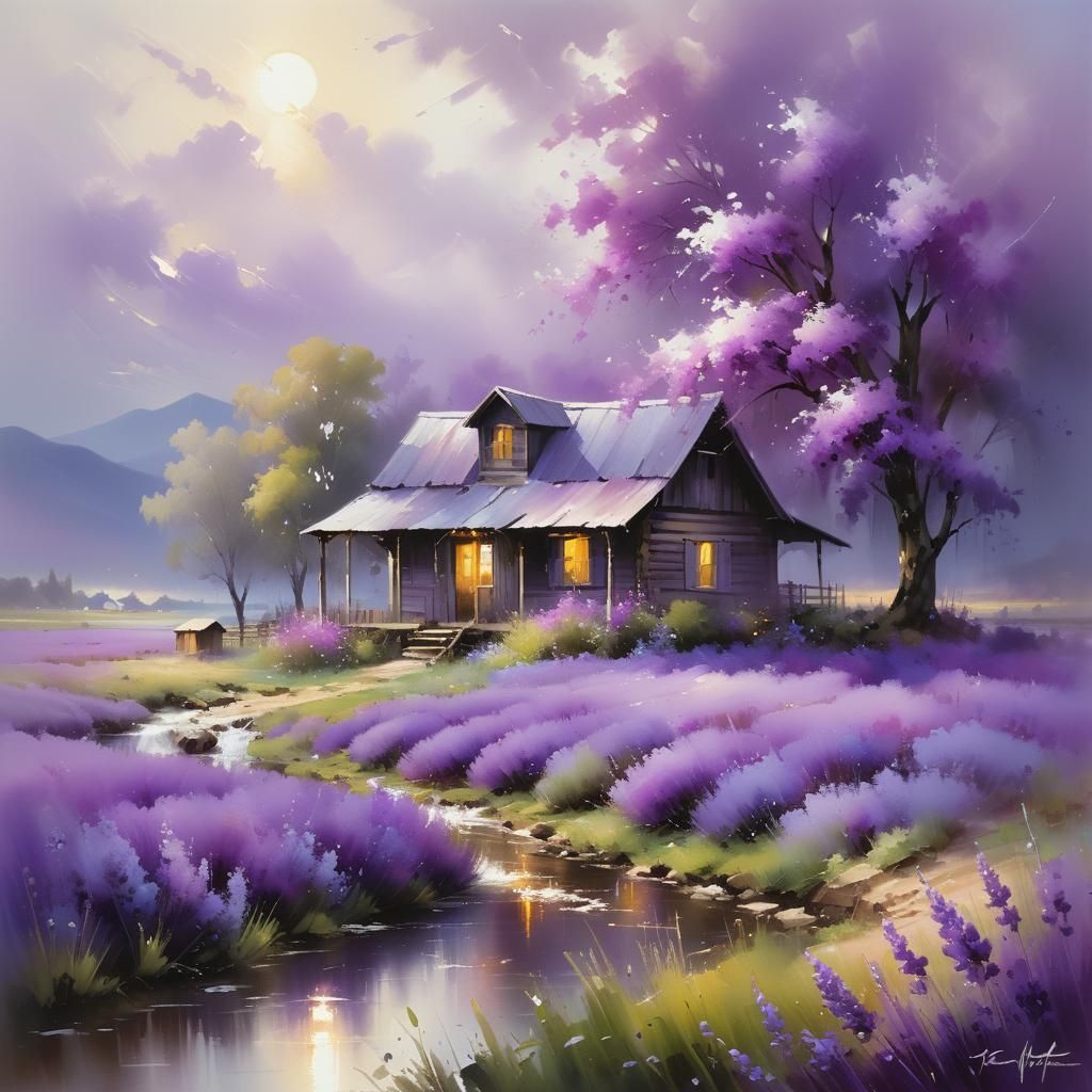 Purple Lavender Farm at Dusk: Oil Painting