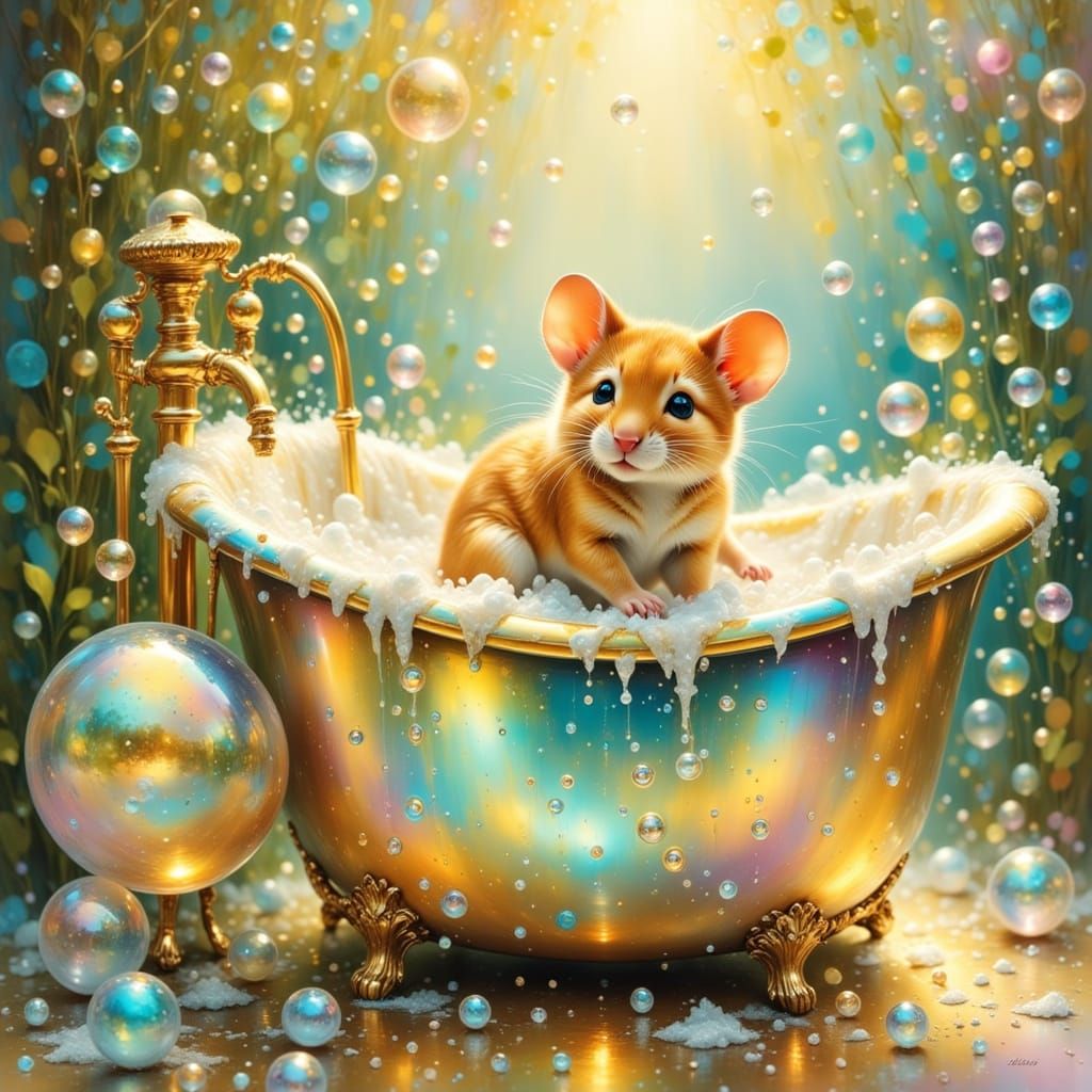 Adorable Mouse Enjoys Bubble Bath in Storybook Style
