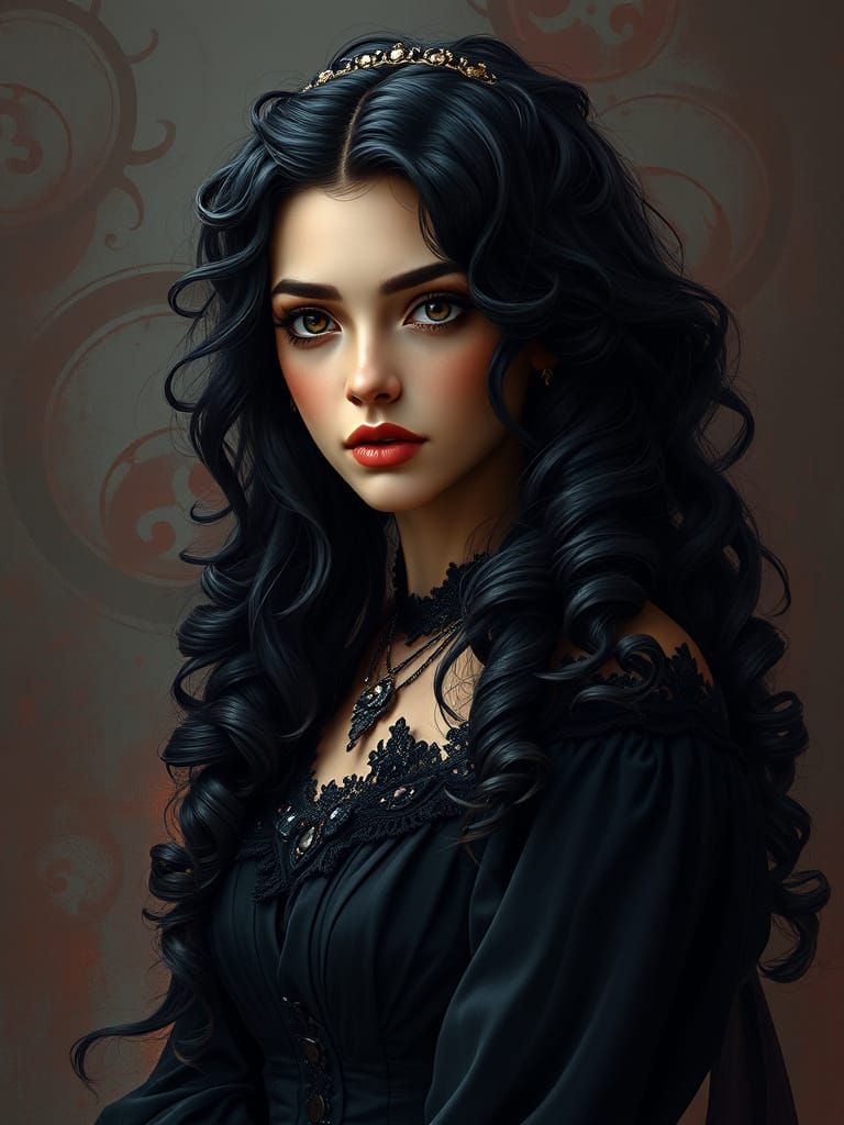 Gothic Aristocratic Woman with Long Black Curls