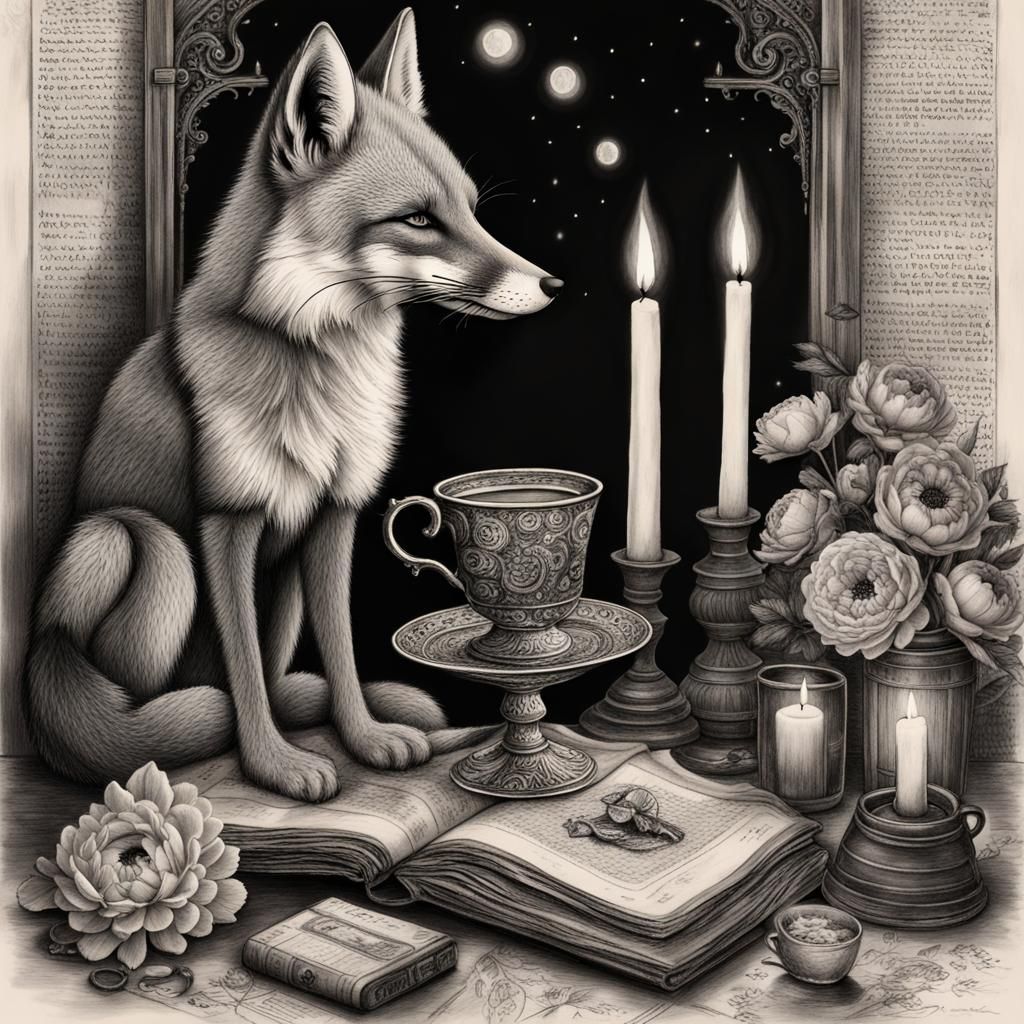 Magic Witchy Fox at Cosmos Gate: Charcoal Drawing