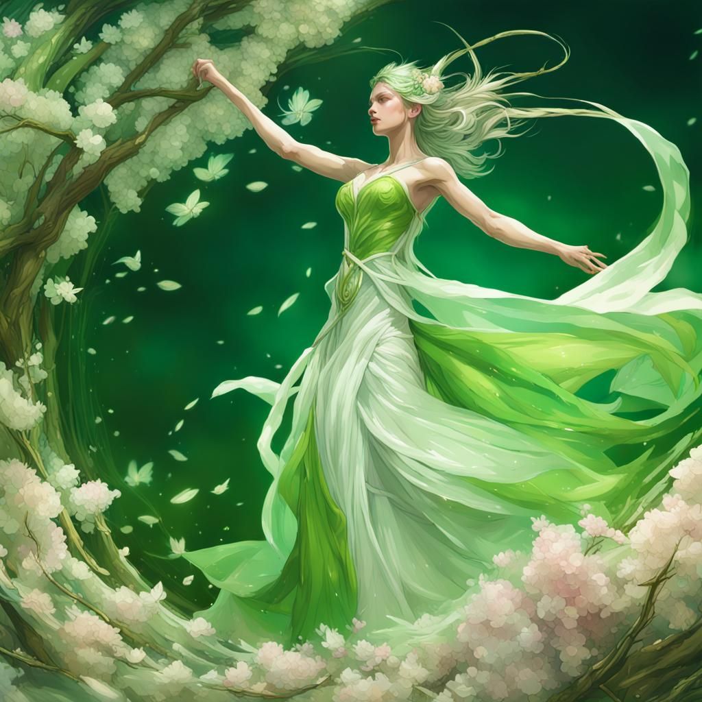 Green Fairy in Blossom Hurricane: Art Nouveau Portrait