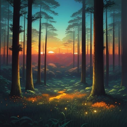 Surreal Forest Scene at Sunset in Vibrant Colors