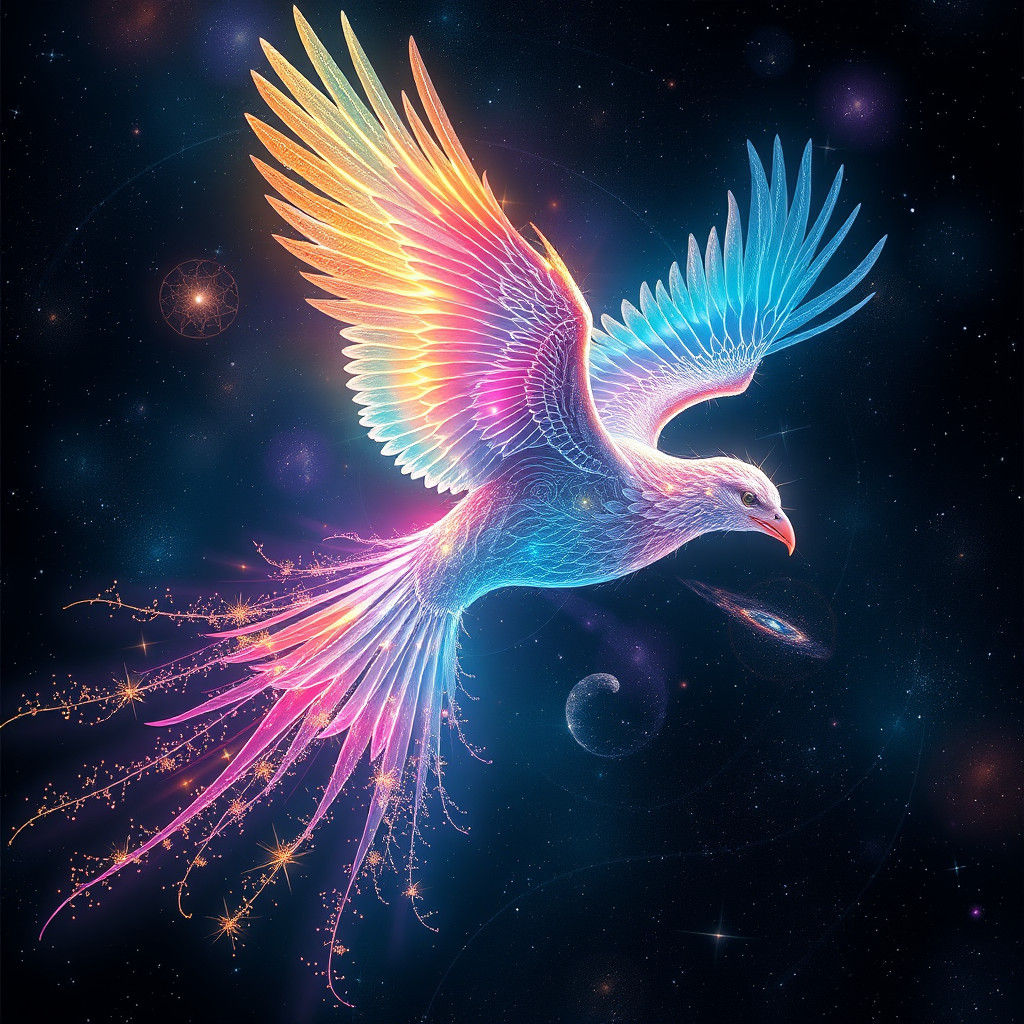 Cosmic Bird Radiating Iridescent Energy in Starry Space