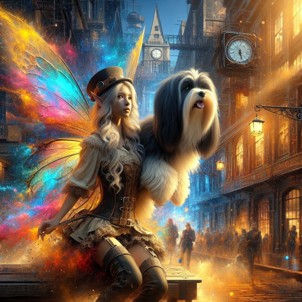 Fairy and Havanese in Steampunk Cityscape