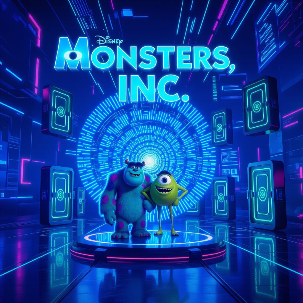 Futuristic Cyberpunk Monsters Inc. Poster with Neon Lights