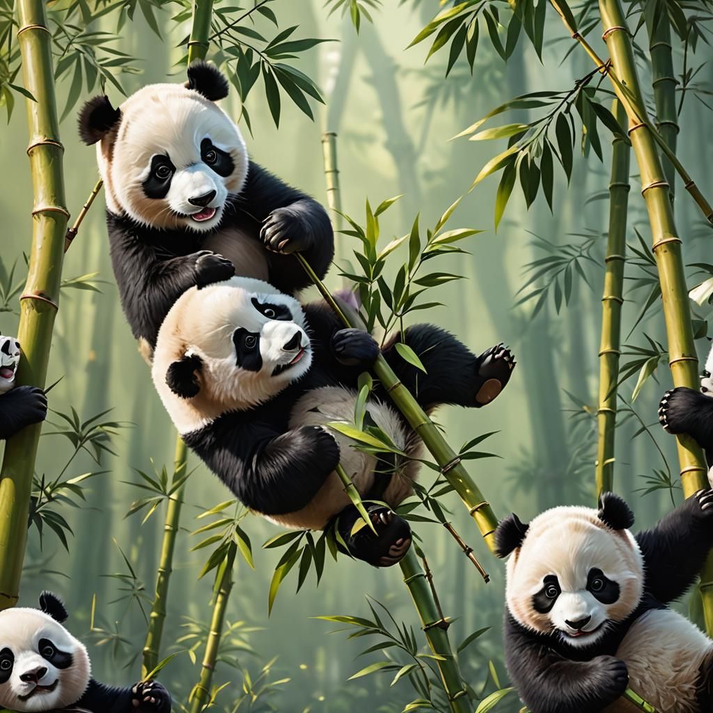 Two Adorable Baby Pandas Playing Around Bamboo
