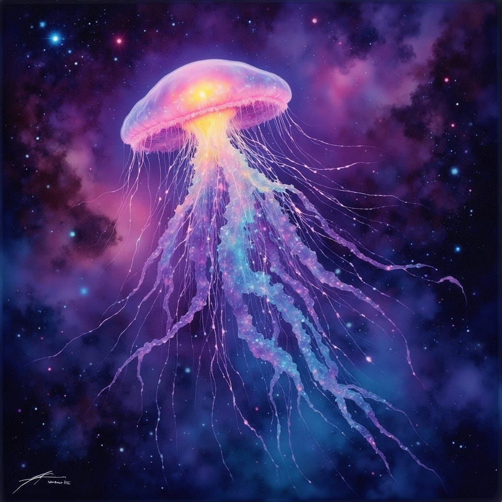 Bioluminescent Jellyfish in Cosmic Nebula