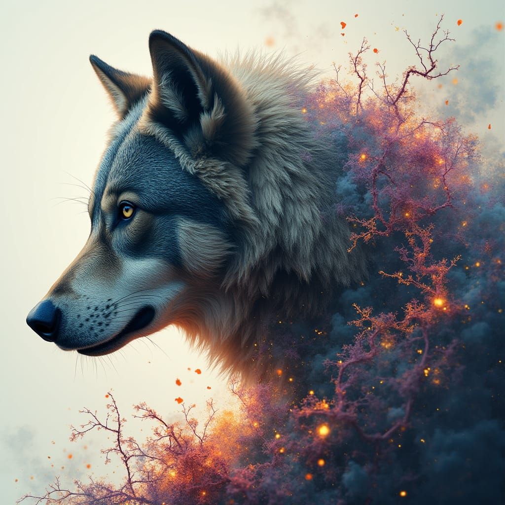 Wolf Silhouette Filled with Fractal Bear Streams in Dreamlik...