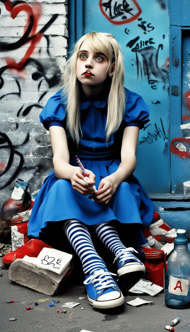 Emo Alice in Wonderland: Hyperrealistic Street Scene