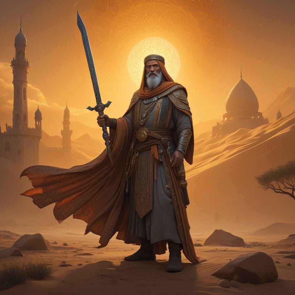 Surreal Arabian Wizard Wields Ornate Flaming Sword in Desert...