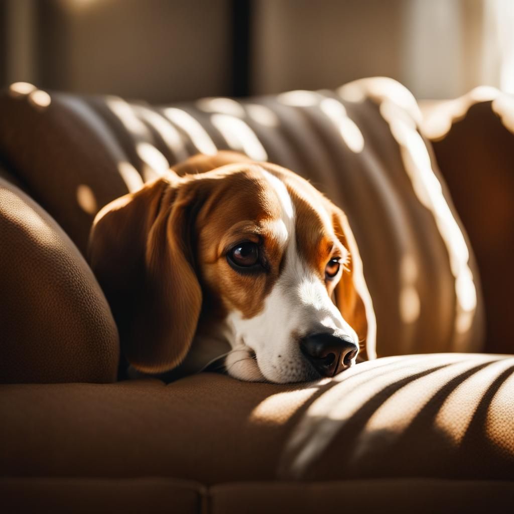Sun-Kissed Beagle Napping on Brown Couch