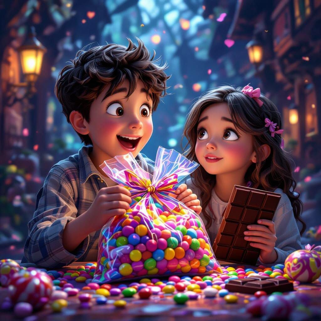 Boy with Candy, Girl with Chocolate in Fantasy Matte Paintin...