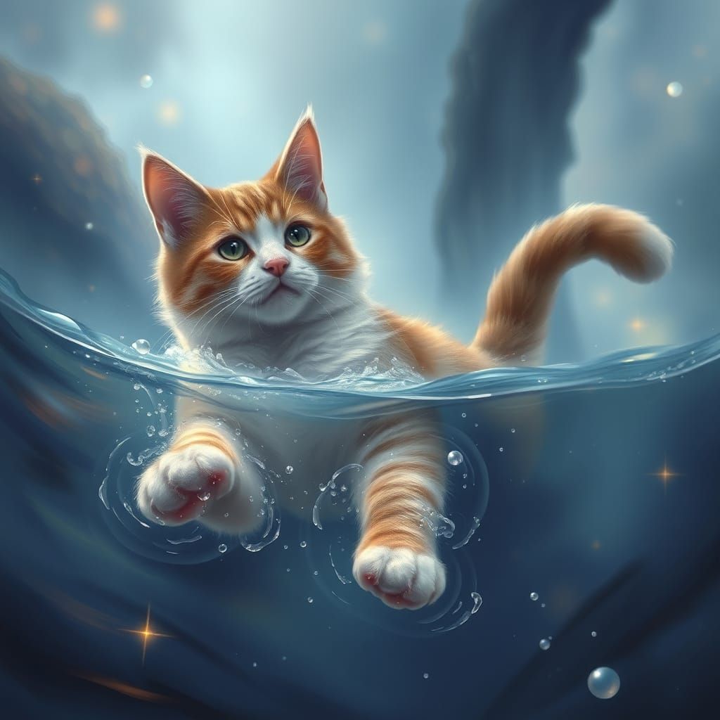 Whimsical Cat Amidst Misty Fantasy Realm